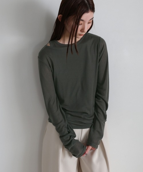 select MOCA(セレクトモカ)の「シアーレイヤードアシメネックトップス(Tシャツ/カットソー・レディース・クリアブルー/グレー/オフホワイト/チャコールグレー・FREE)」の2枚目の写真