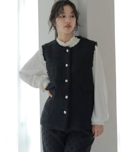 Re:EDIT（リエディ）の「ファンシーツイードぺプラムベスト（ダウンベスト・レディース・ネイビー/ブラック・MEDIUM/LARGE）」の3枚目の写真
