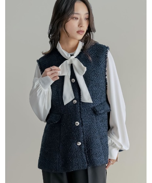 Re:EDIT（リエディ）の「ファンシーツイードぺプラムベスト（ダウンベスト・レディース・ネイビー/ブラック・MEDIUM/LARGE）」の8枚目の写真