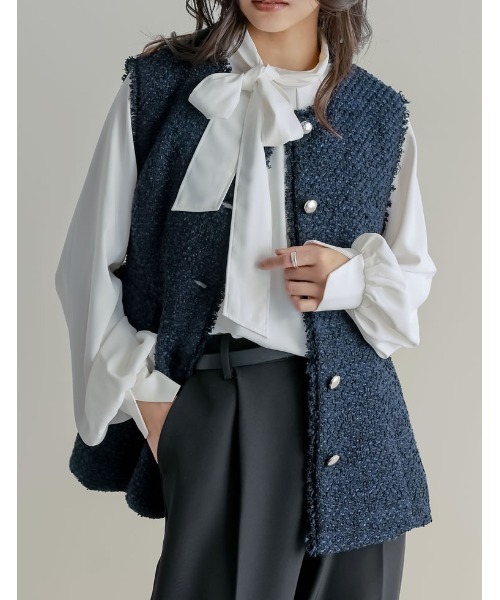 Re:EDIT（リエディ）の「ファンシーツイードぺプラムベスト（ダウンベスト・レディース・ネイビー/ブラック・MEDIUM/LARGE）」の12枚目の写真