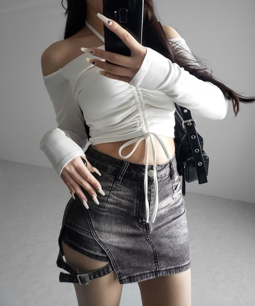 me+em select（ミームセレクト）の「【 インパン裏地付 】カットアウトベルトストラップデニムミニスカパン ／ cutout belt strap denim mini skirt pants（デニムスカート・レディース・ブラック/ブルー・SMALL/MEDIUM/LARGE）」の17枚目の写真