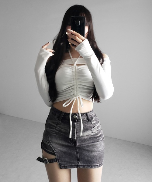 me+em select（ミームセレクト）の「【 インパン裏地付 】カットアウトベルトストラップデニムミニスカパン ／ cutout belt strap denim mini skirt pants（デニムスカート・レディース・ブラック/ブルー・SMALL/MEDIUM/LARGE）」の19枚目の写真