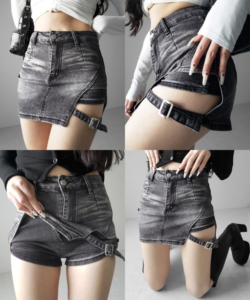 me+em select（ミームセレクト）の「【 インパン裏地付 】カットアウトベルトストラップデニムミニスカパン ／ cutout belt strap denim mini skirt pants（デニムスカート・レディース・ブラック/ブルー・SMALL/MEDIUM/LARGE）」の3枚目の写真