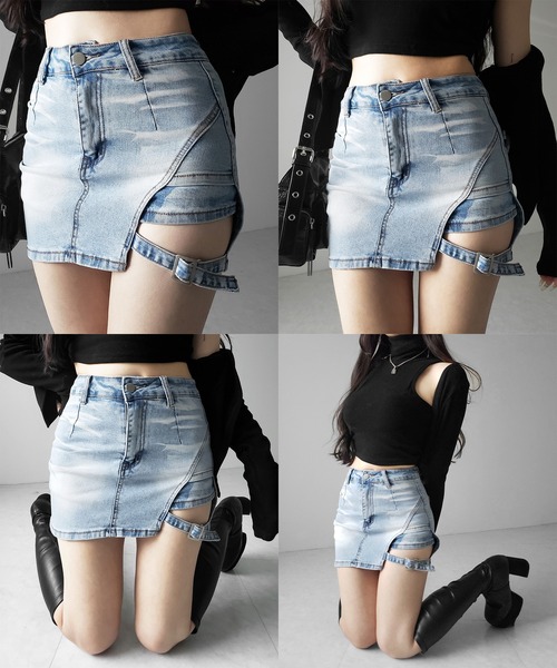 me+em select（ミームセレクト）の「【 インパン裏地付 】カットアウトベルトストラップデニムミニスカパン ／ cutout belt strap denim mini skirt pants（デニムスカート・レディース・ブラック/ブルー・SMALL/MEDIUM/LARGE）」の4枚目の写真