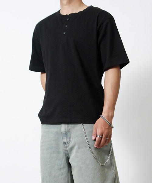 NYLAUS(ナイラス)の「【Nylaus】ヘンリーネック 半袖Tシャツ ヴィンテージ加工(Tシャツ/カットソー・メンズ・ホワイト/ブラック/ブラック系その他・L/M)」の7枚目の写真