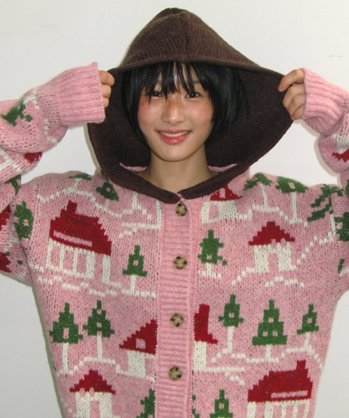 RONRON(ロンロン)の「HOUSE JACQUARD HOODED KNIT CARDIGAN PINK(カーディガン/ボレロ・レディース・その他・FREE)」の2枚目の写真