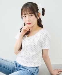 【WEB限定】レース付フロントギャザーリボンリブトップス