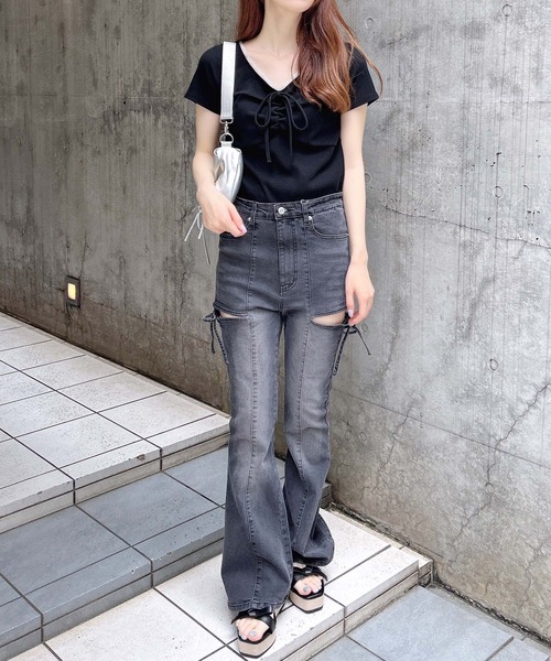 INGNI（イング）の「【WEB限定】レース付フロントギャザーリボンリブトップス（Tシャツ/カットソー・レディース・オフホワイト/ブラック/ホワイト×ブラック/ブラック×ホワイト/グレー・M）」の18枚目の写真