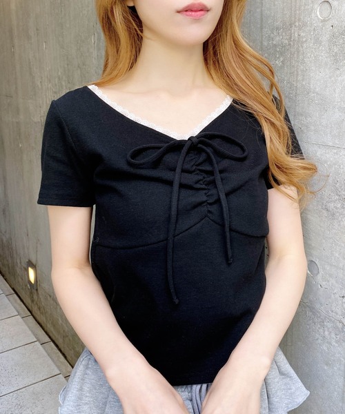 INGNI（イング）の「【WEB限定】レース付フロントギャザーリボンリブトップス（Tシャツ/カットソー・レディース・オフホワイト/ブラック/ホワイト×ブラック/ブラック×ホワイト/グレー・M）」の10枚目の写真