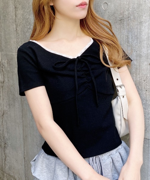 INGNI（イング）の「【WEB限定】レース付フロントギャザーリボンリブトップス（Tシャツ/カットソー・レディース・オフホワイト/ブラック/ホワイト×ブラック/ブラック×ホワイト/グレー・M）」の11枚目の写真