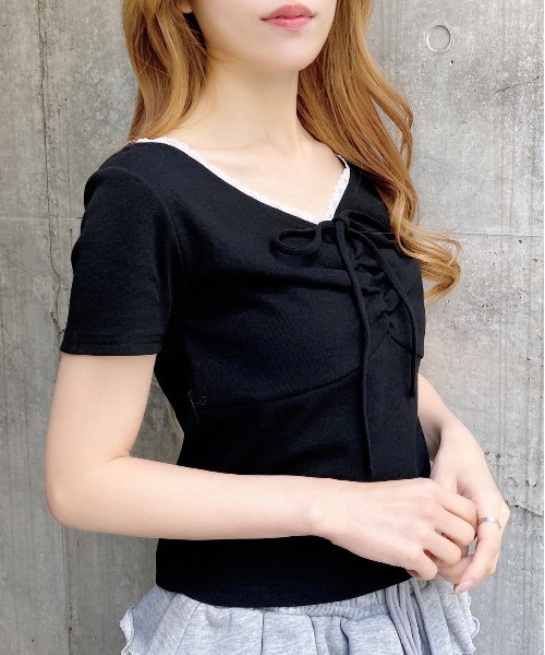 INGNI（イング）の「【WEB限定】レース付フロントギャザーリボンリブトップス（Tシャツ/カットソー・レディース・オフホワイト/ブラック/ホワイト×ブラック/ブラック×ホワイト/グレー・M）」の12枚目の写真