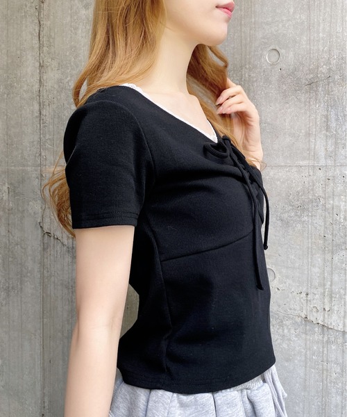 INGNI（イング）の「【WEB限定】レース付フロントギャザーリボンリブトップス（Tシャツ/カットソー・レディース・オフホワイト/ブラック/ホワイト×ブラック/ブラック×ホワイト/グレー・M）」の13枚目の写真