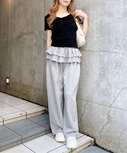 INGNI（イング）の「【WEB限定】レース付フロントギャザーリボンリブトップス（Tシャツ/カットソー・レディース・オフホワイト/ブラック/ホワイト×ブラック/ブラック×ホワイト/グレー・M）」の15枚目の写真