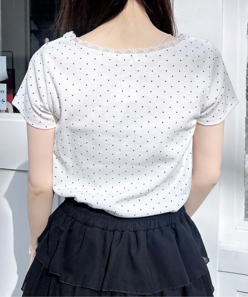 WEB限定】レース付フロントギャザーリボンリブトップス（Tシャツ
