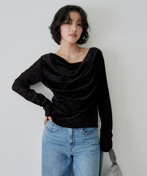 NOGLE（ノグル）の「【NOGLE/ノグル】シア―ベロアドレープロンT（Tシャツ/カットソー・レディース・ホワイト/ブラック/グレー/ダークブラウン・FREE）」の6枚目の写真