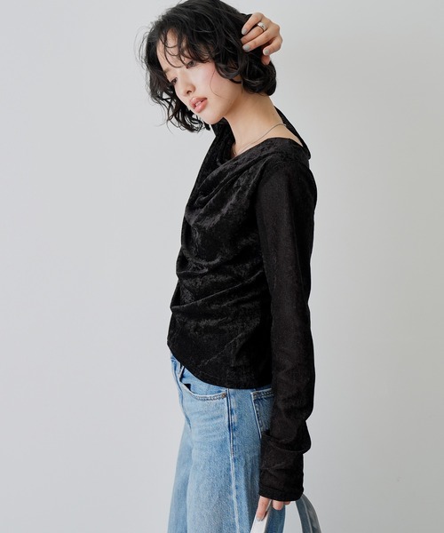 NOGLE（ノグル）の「【NOGLE/ノグル】シア―ベロアドレープロンT（Tシャツ/カットソー・レディース・ホワイト/ブラック/グレー/ダークブラウン・FREE）」の9枚目の写真