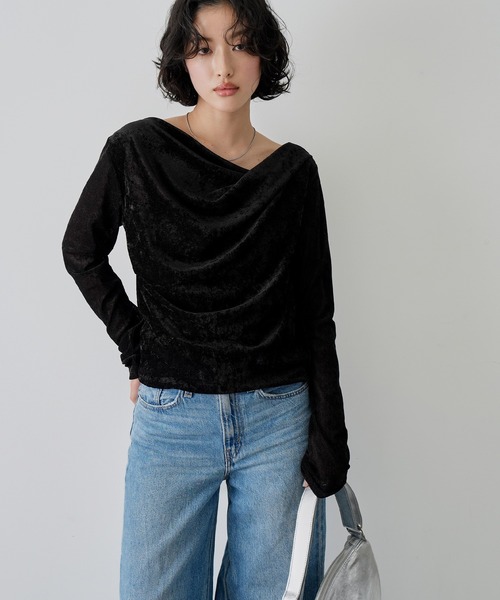 NOGLE（ノグル）の「【NOGLE/ノグル】シア―ベロアドレープロンT（Tシャツ/カットソー・レディース・ホワイト/ブラック/グレー/ダークブラウン・FREE）」の8枚目の写真