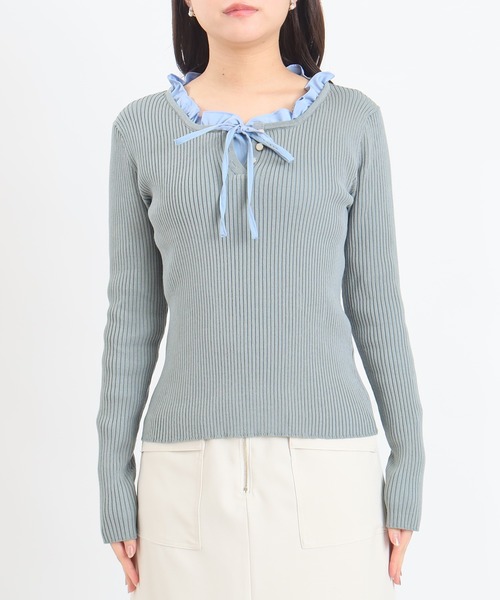 ASTORIA ODIER（アストリアオディール）の「イミテーションフリルリブニット　(300日着られるニット/イージーケア/ウォッシャブル)（ニット/セーター・レディース・ピンクベージュ/ライトグレー/ネイビー・MEDIUM）」の16枚目の写真