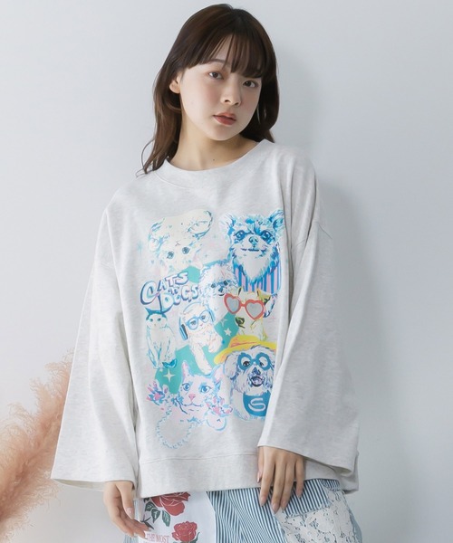 ScoLar(スカラー)の「161617:ラメ入りわんにゃん柄裏毛プルオーバー(Tシャツ/カットソー・レディース・イエロー/ネイビー/オートミール/ピンク・M)」の2枚目の写真