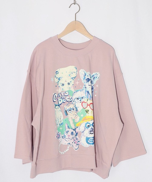 ScoLar(スカラー)の「161617:ラメ入りわんにゃん柄裏毛プルオーバー(Tシャツ/カットソー・レディース・イエロー/ネイビー/オートミール/ピンク・M)」の1枚目の写真