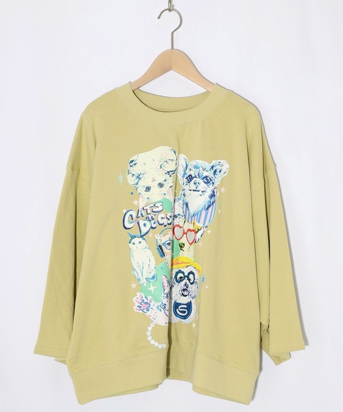 ScoLar(スカラー)の「161617:ラメ入りわんにゃん柄裏毛プルオーバー(Tシャツ/カットソー・レディース・イエロー/ネイビー/オートミール/ピンク・M)」の4枚目の写真