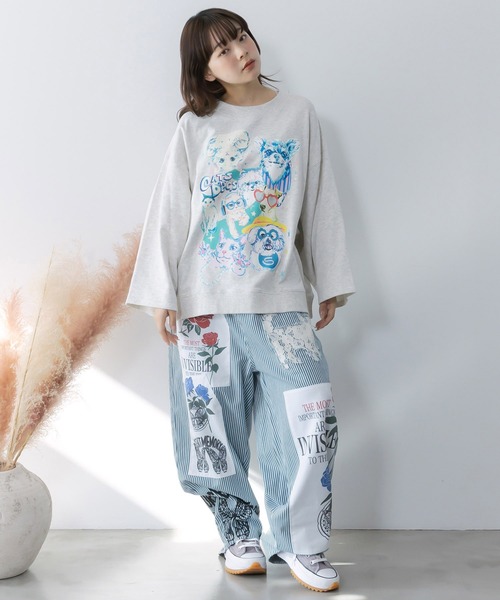 ScoLar(スカラー)の「161617:ラメ入りわんにゃん柄裏毛プルオーバー(Tシャツ/カットソー・レディース・イエロー/ネイビー/オートミール/ピンク・M)」の5枚目の写真