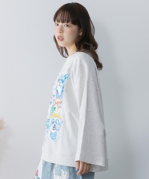ScoLar(スカラー)の「161617:ラメ入りわんにゃん柄裏毛プルオーバー(Tシャツ/カットソー・レディース・イエロー/ネイビー/オートミール/ピンク・M)」の7枚目の写真