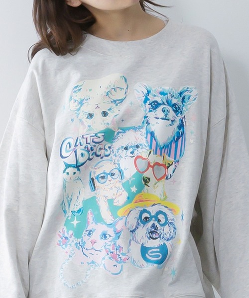 ScoLar(スカラー)の「161617:ラメ入りわんにゃん柄裏毛プルオーバー(Tシャツ/カットソー・レディース・イエロー/ネイビー/オートミール/ピンク・M)」の10枚目の写真