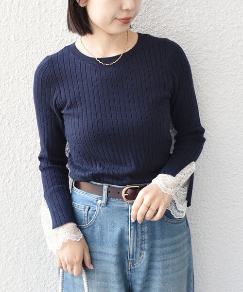SHIPS Colors(シップス カラーズ)の「SHIPS Colors:〈手洗い可能〉レース カット オフ ワイド リブ ニット(ニット/セーター・レディース・オフホワイト/グレー/ネイビー・ONE SIZE)」の1枚目の写真