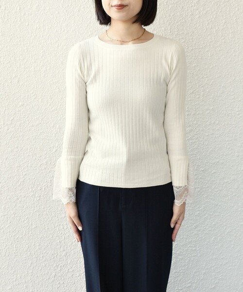 SHIPS Colors(シップス カラーズ)の「SHIPS Colors:〈手洗い可能〉レース カット オフ ワイド リブ ニット(ニット/セーター・レディース・オフホワイト/グレー/ネイビー・ONE SIZE)」の14枚目の写真