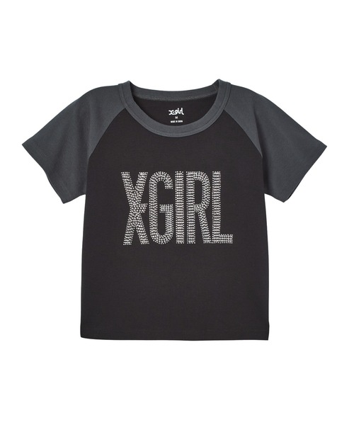X-girl(エックスガール)の「RHINESTONE VERTICAL LOGO RAGLAN S/S BABY TEE(Tシャツ/カットソー・レディース・ブラック/ホワイト/ピンク・S/M)」の2枚目の写真