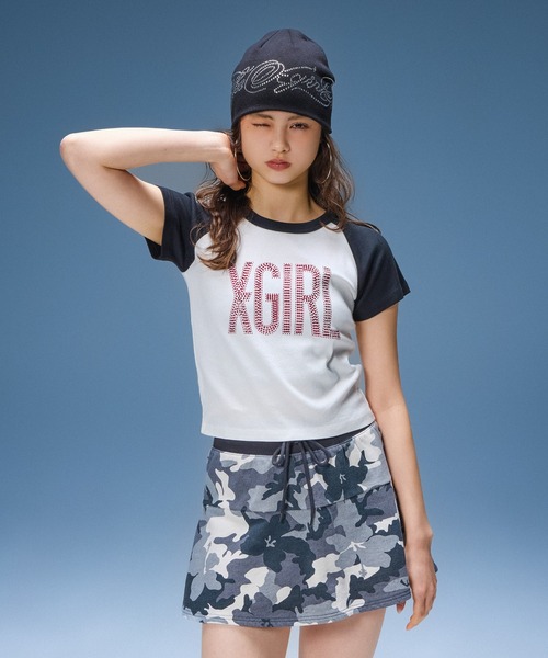 X-girl(エックスガール)の「RHINESTONE VERTICAL LOGO RAGLAN S/S BABY TEE(Tシャツ/カットソー・レディース・ブラック/ホワイト/ピンク・S/M)」の6枚目の写真