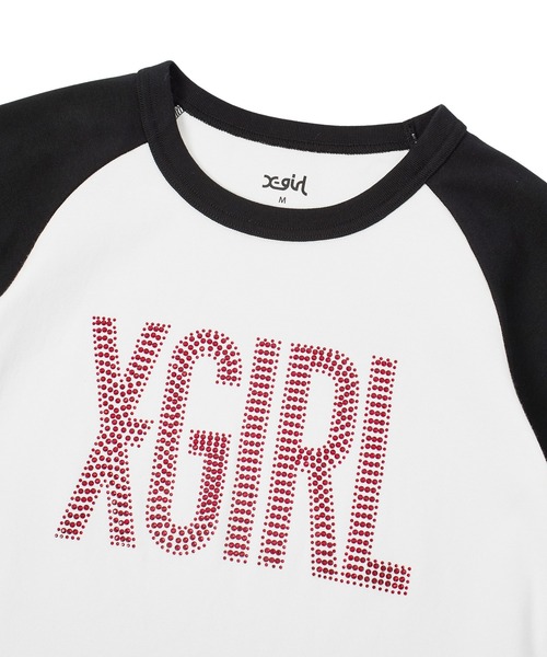 X-girl(エックスガール)の「RHINESTONE VERTICAL LOGO RAGLAN S/S BABY TEE(Tシャツ/カットソー・レディース・ブラック/ホワイト/ピンク・S/M)」の10枚目の写真