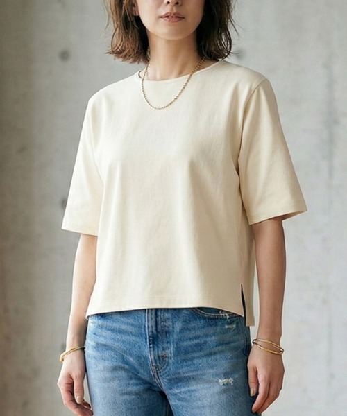 MULEXS(ミューレクス)の「【残り僅か!売り切れ御免!人気の!】シルケットコットン100% サイドスリットTシャツ / 五分袖 オーバーサイズ 綿100 クルーネック カットソー(Tシャツ/カットソー・レディース・ライトピンク/ライトブルー/ブラック/アイボリー・L/M/3L(UB-)/LL)」の3枚目の写真