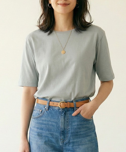 MULEXS(ミューレクス)の「【残り僅か!売り切れ御免!人気の!】シルケットコットン100% サイドスリットTシャツ / 五分袖 オーバーサイズ 綿100 クルーネック カットソー(Tシャツ/カットソー・レディース・ライトピンク/ライトブルー/ブラック/アイボリー・L/M/3L(UB-)/LL)」の2枚目の写真
