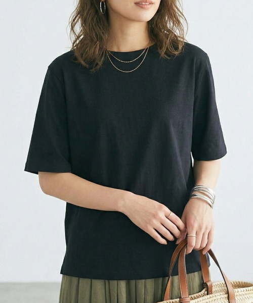 MULEXS(ミューレクス)の「【残り僅か!売り切れ御免!人気の!】シルケットコットン100% サイドスリットTシャツ / 五分袖 オーバーサイズ 綿100 クルーネック カットソー(Tシャツ/カットソー・レディース・ライトピンク/ライトブルー/ブラック/アイボリー・L/M/3L(UB-)/LL)」の1枚目の写真