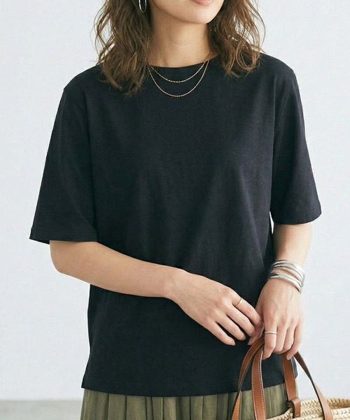 MULEXS(ミューレクス)の「【残り僅か!売り切れ御免!人気の!】シルケットコットン100% サイドスリットTシャツ / 五分袖 オーバーサイズ 綿100 クルーネック カットソー(Tシャツ/カットソー・レディース・ライトピンク/ライトブルー/ブラック/アイボリー・L/M/3L(UB-)/LL)」の5枚目の写真
