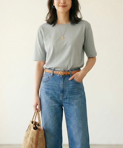 MULEXS(ミューレクス)の「【残り僅か!売り切れ御免!人気の!】シルケットコットン100% サイドスリットTシャツ / 五分袖 オーバーサイズ 綿100 クルーネック カットソー(Tシャツ/カットソー・レディース・ライトピンク/ライトブルー/ブラック/アイボリー・L/M/3L(UB-)/LL)」の17枚目の写真