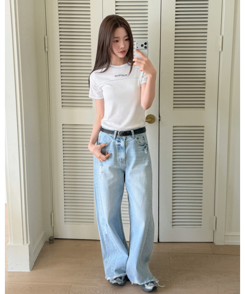 muahmuah（ムーアムーア）の「クロップポイントピンタック半袖Tシャツ [3色]（Tシャツ/カットソー・レディース・グレー/アイボリー/ブラック・FREE）」の8枚目の写真