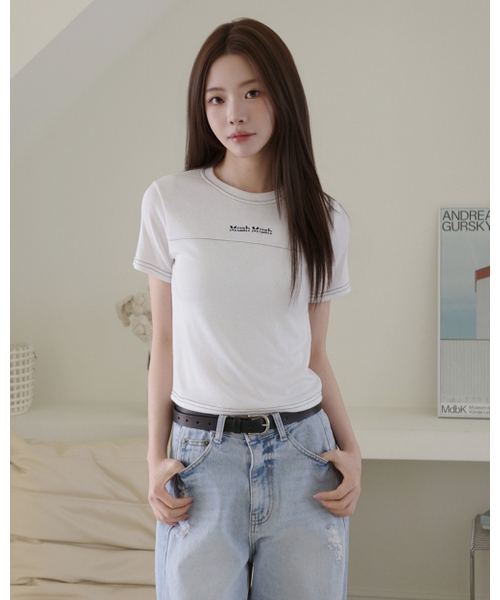 muahmuah（ムーアムーア）の「クロップポイントピンタック半袖Tシャツ [3色]（Tシャツ/カットソー・レディース・グレー/アイボリー/ブラック・FREE）」の9枚目の写真