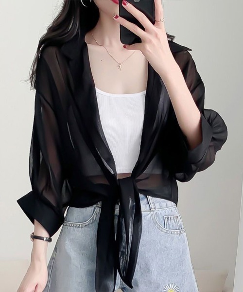 Flugge(フラッジー)の「ロングシアーシャツ(シャツ/ブラウス・レディース・ブラック/ホワイト・MEDIUM/LARGE)」の1枚目の写真