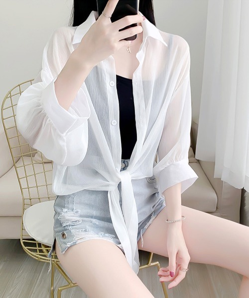 Flugge(フラッジー)の「ロングシアーシャツ(シャツ/ブラウス・レディース・ブラック/ホワイト・MEDIUM/LARGE)」の4枚目の写真