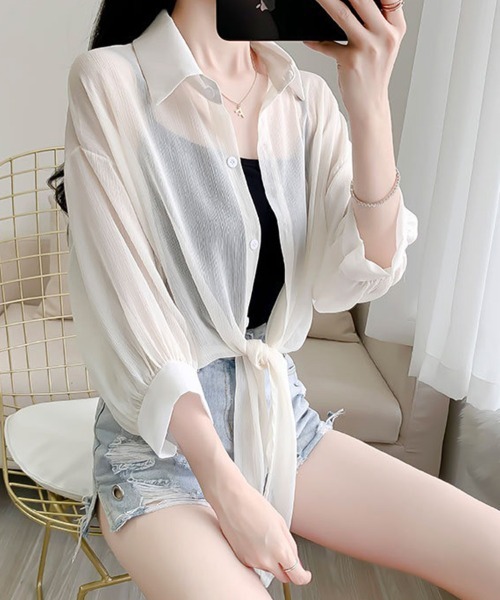 Flugge(フラッジー)の「ロングシアーシャツ(シャツ/ブラウス・レディース・ブラック/ホワイト・MEDIUM/LARGE)」の6枚目の写真