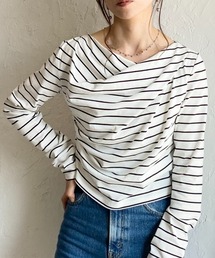 長袖 オフショル アシメネック ドレープトップス ボーダー ロンT
