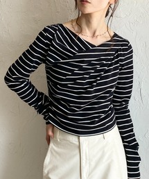 長袖 オフショル アシメネック ドレープトップス ボーダー ロンT
