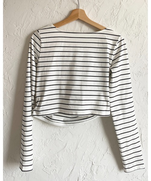 She's Closet(シーズクローゼット)の「長袖 オフショル アシメネック ドレープトップス ボーダー ロンT(Tシャツ/カットソー・レディース・ブラック/ホワイト・FREE)」の19枚目の写真