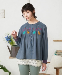 美品 ホコモモラ 洗える 42 定価2.5万 刺繍 ブラウス フォレストグリーン 美品 ホコモモラ 洗える 42 定価2.5万 刺繍 ブラウス フォレスト