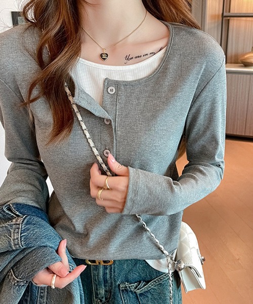 Lace Ladies(レースレディース)の「ヘンリーネック フェイクレイヤード リブ ニット プルオーバー(Tシャツ/カットソー・レディース・グレー/ブラック・M/XL)」の1枚目の写真