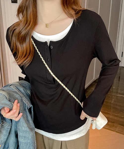 Lace Ladies(レースレディース)の「ヘンリーネック フェイクレイヤード リブ ニット プルオーバー(Tシャツ/カットソー・レディース・グレー/ブラック・M/XL)」の2枚目の写真