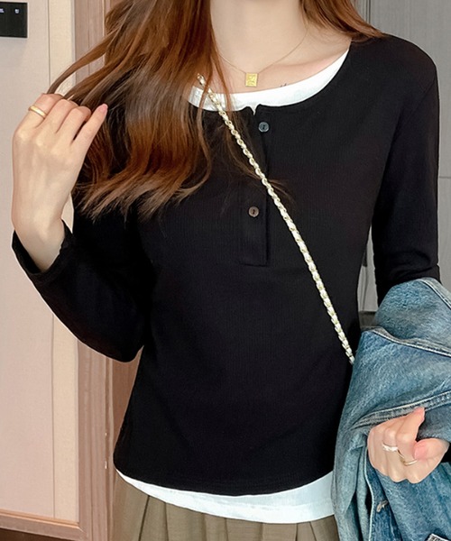 Lace Ladies(レースレディース)の「ヘンリーネック フェイクレイヤード リブ ニット プルオーバー(Tシャツ/カットソー・レディース・グレー/ブラック・M/XL)」の3枚目の写真